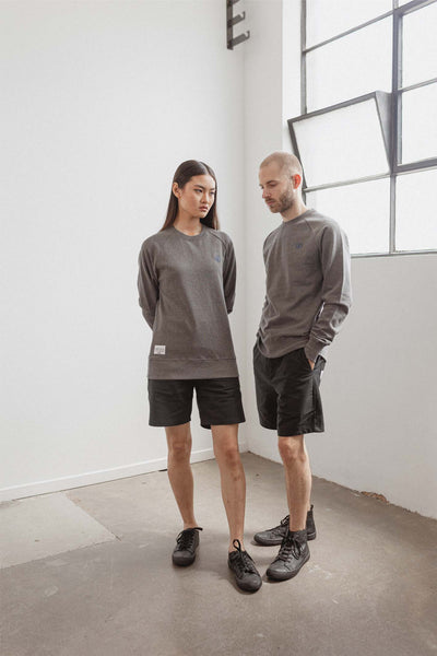 Shop Emerging Slow Fashion Avant-garde Unisex Streetwear Brand Kodama Apparel Charcoal Organic Cotton Zen Crew Sweater at Erebus