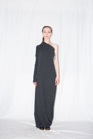 Shop Emerging Slow Fashion Genderless Brand Ludus Post-Gender AW22 Collection Dark Grey Unisex Off-shoulder Stretch Wool Jersey Maxi Dress at Erebus