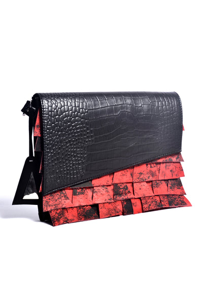Shop Emerging Slow Fashion Accessory Brand Anoir by Amal Kiran Jana Red Cut and Croc Leather Clutch at Erebus