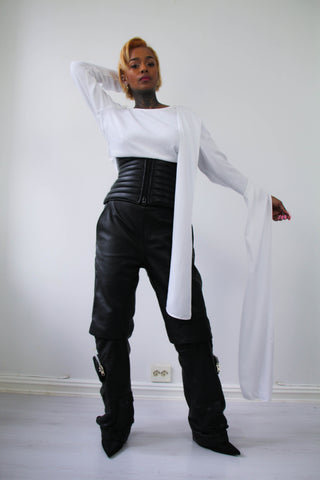 Shop Emerging Contemporary Urban Conscious Womenswear Brand Too Damn Expensive White Asymmetric Sleeve Top at Erebus