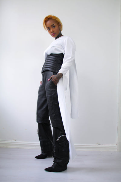 Shop Emerging Contemporary Urban Conscious Womenswear Brand Too Damn Expensive White Asymmetric Sleeve Top at Erebus