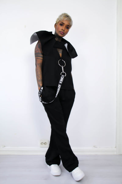 Shop Emerging Contemporary Urban Conscious Womenswear Brand Too Damn Expensive Black Oversized Tuxedo Trousers at Erebus