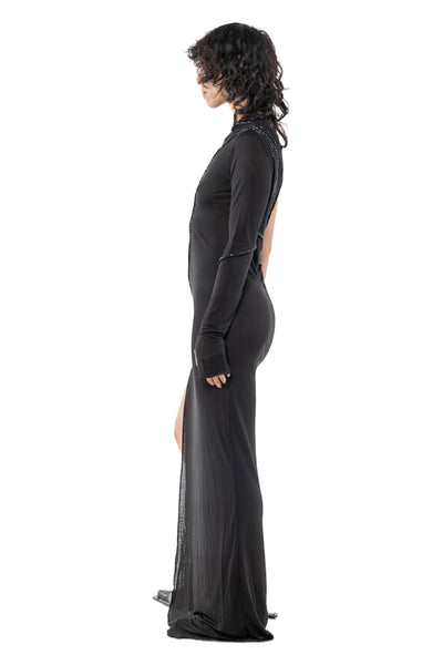 Shop Emerging Slow Fashion Genderless Alternative Avant-garde Designer Mark Baigent Last Day of our Acquaintance Collection Fair Trade Black Ecovera Jersey with Silk Inserts Anesu Long One-Shoulder Dress at Erebus