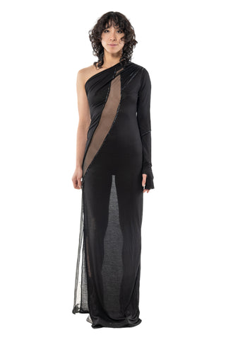 Shop Emerging Slow Fashion Genderless Alternative Avant-garde Designer Mark Baigent Last Day of our Acquaintance Collection Fair Trade Black Ecovera Jersey with Silk Inserts Anesu Long One-Shoulder Dress at Erebus