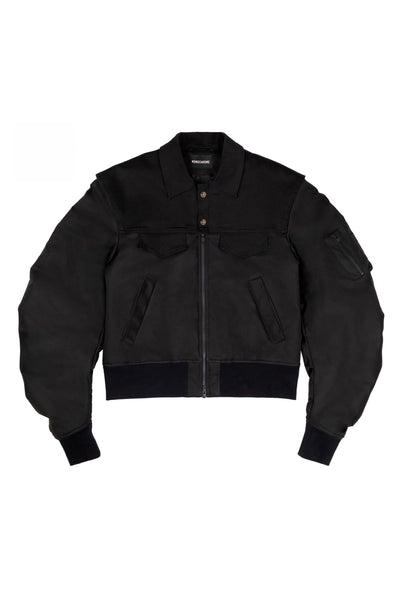 Shop Emerging Alternative Fashion Unisex Street Brand Monochrome AW23 Anamorphic Collection Black Organic Cotton and Recycled Nylon Deconstructed Bomber Jacket at Erebus