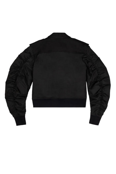 Shop Emerging Alternative Fashion Unisex Street Brand Monochrome AW23 Anamorphic Collection Black Organic Cotton and Recycled Nylon Deconstructed Bomber Jacket at Erebus