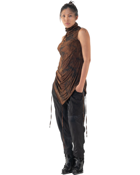 Shop Emerging Slow Fashion Genderless Alternative Avant-garde Designer Mark Baigent Annex Collection Fair Trade Signature Hand-made Noda Brown Batik Cairon Sleeveless High-neck Top at Erebus