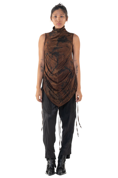 Shop Emerging Slow Fashion Genderless Alternative Avant-garde Designer Mark Baigent Annex Collection Fair Trade Signature Hand-made Noda Brown Batik Cairon Sleeveless High-neck Top at Erebus