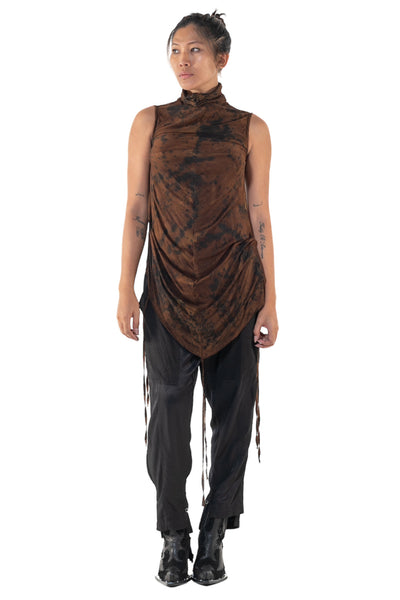 Shop Emerging Slow Fashion Genderless Alternative Avant-garde Designer Mark Baigent Annex Collection Fair Trade Signature Hand-made Noda Brown Batik Cairon Sleeveless High-neck Top at Erebus