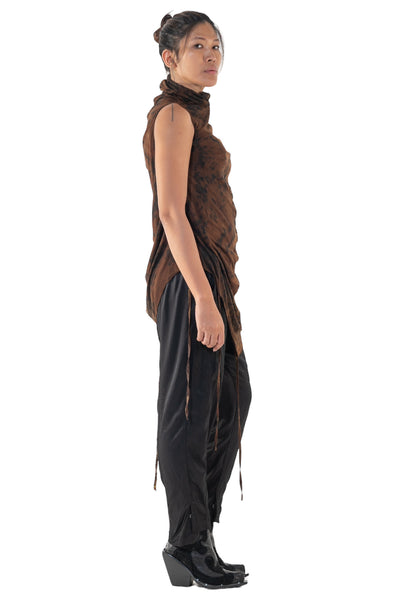 Shop Emerging Slow Fashion Genderless Alternative Avant-garde Designer Mark Baigent Annex Collection Fair Trade Signature Hand-made Noda Brown Batik Cairon Sleeveless High-neck Top at Erebus