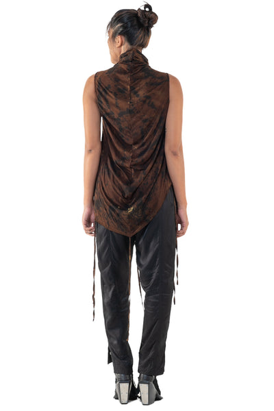 Shop Emerging Slow Fashion Genderless Alternative Avant-garde Designer Mark Baigent Annex Collection Fair Trade Signature Hand-made Noda Brown Batik Cairon Sleeveless High-neck Top at Erebus