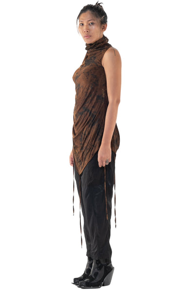 Shop Emerging Slow Fashion Genderless Alternative Avant-garde Designer Mark Baigent Annex Collection Fair Trade Signature Hand-made Noda Brown Batik Cairon Sleeveless High-neck Top at Erebus