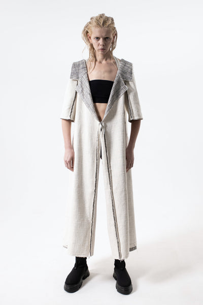 Shop Emerging Conceptual Dark Fashion Womenswear Brand DZHUS Pseudo AW22 Collection Black Melange and Ivory Duality Transformable Jacket / Waistcoat / Jumpsuit / Dress / Bag at Erebus