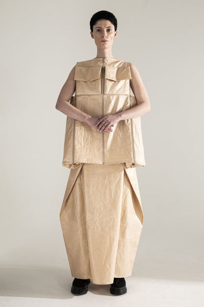 Shop Emerging Conceptual Dark Fashion Womenswear Brand DZHUS Transit Collection Beige Container Transformable Dress / Bag / Waistcoat / Backpack at Erebus