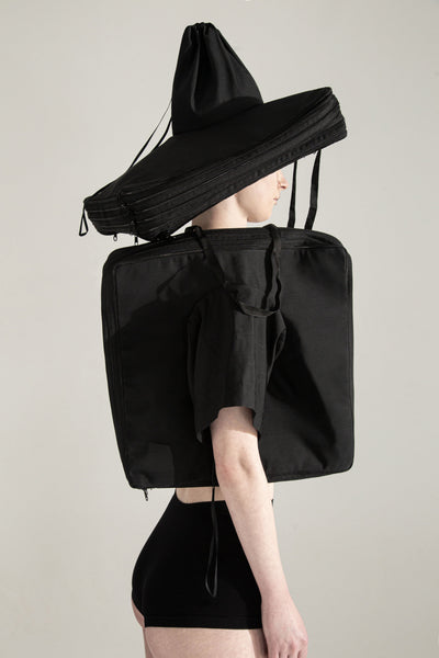 Shop Emerging Conceptual Dark Fashion Womenswear Brand DZHUS Transit Collection Black Carrier Transformable Hat / Dress / Waistcoat at Erebus