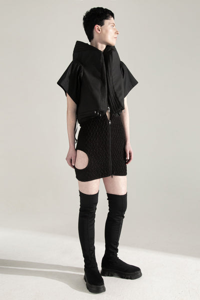 Shop Emerging Conceptual Dark Fashion Womenswear Brand DZHUS Transit Collection Black Carrier Transformable Hat / Dress / Waistcoat at Erebus