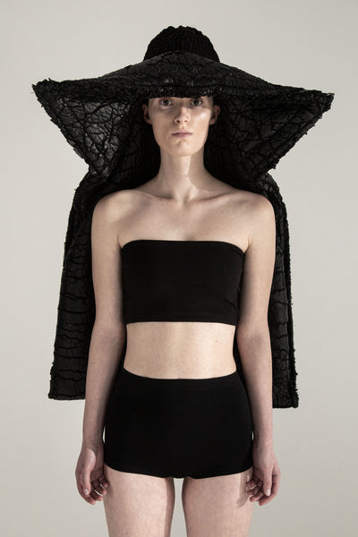 Shop Emerging Conceptual Dark Fashion Womenswear Brand DZHUS Transit Collection Black Survivor Transformable Coat / Hat / Bag / Waistcoat at Erebus