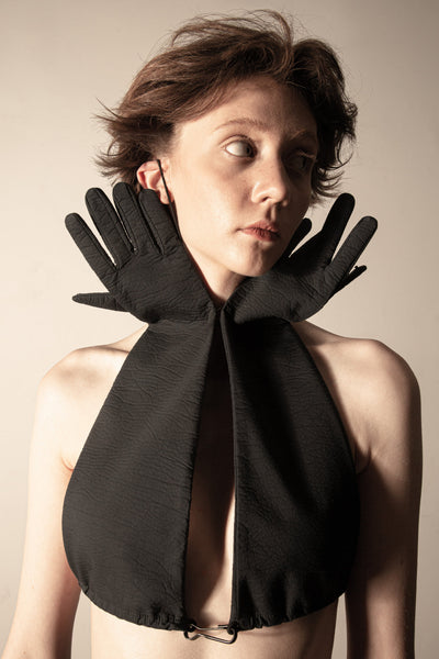 Shop Emerging Conceptual Dark Fashion Womenswear Brand DZHUS Thesaurus Collection Anthracite Taboo Transformable Gloves / Bra at Erebus