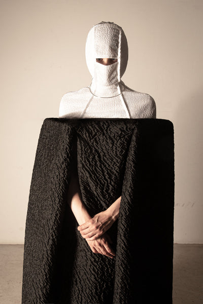 Shop Emerging Conceptual Dark Fashion Womenswear Brand DZHUS Thesaurus Collection Black and White Thesis Transformable Dress / Hood at Erebus