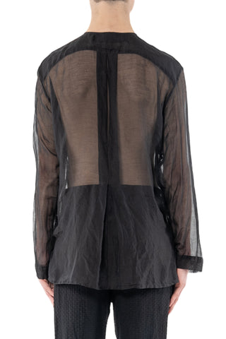 Shop Emerging Slow Fashion Genderless Alternative Avant-garde Designer Mark Baigent Last Day of our Acquaintance Collection Fair Trade Black Silk Cotton Blend Devan Sheer Shirt at Erebus