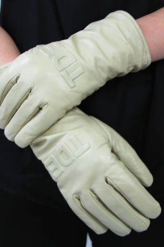 Shop Emerging Contemporary Womenswear brand Too Damn Expensive Beige Sheepskin Leather Gloves with TDE Logo at Erebus
