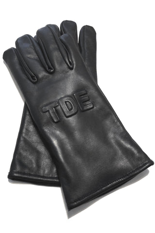 Shop Emerging Contemporary Womenswear brand Too Damn Expensive Black Sheepskin Leather Gloves with TDE Logo at Erebus