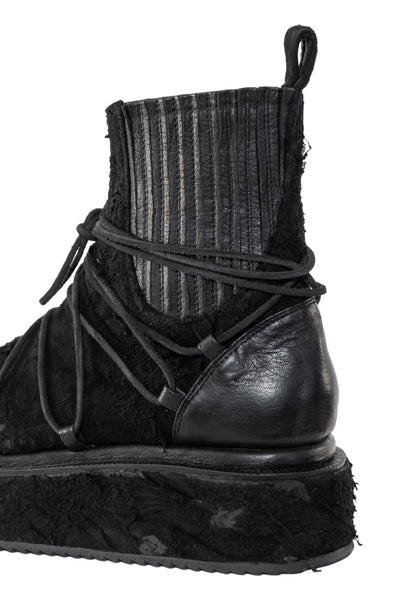 Shop Emerging Slow Fashion Genderless Alternative Avant-garde Designer Mark Baigent Annex Collection Fair Trade Black Reclaimed Goat Leather Fin Ankle Boots at Erebus