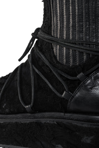 Shop Emerging Slow Fashion Genderless Alternative Avant-garde Designer Mark Baigent Annex Collection Fair Trade Black Reclaimed Goat Leather Fin Ankle Boots at Erebus