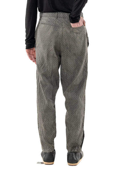 Shop Emerging Slow Fashion Genderless Alternative Avant-garde Designer Mark Baigent Last Day of our Acquaintance Collection Fair Trade Washed Grey Check Cotton Fusion Relaxed Fit Pants at Erebus