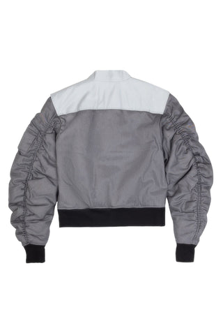 Shop Emerging Alternative Fashion Unisex Street Brand Monochrome AW23 Anamorphic Collection Grey Organic Cotton and Recycled Nylon Deconstructed Bomber Jacket at Erebus