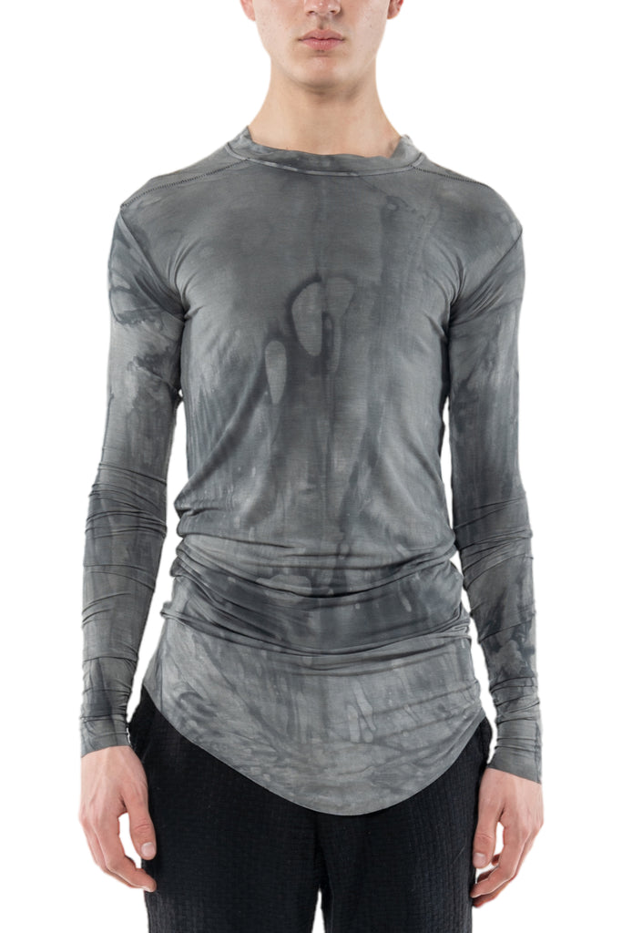Shop Emerging Slow Fashion Genderless Alternative Avant-garde Designer Mark Baigent Last Day of our Acquaintance Collection Fair Trade Grey Magnesium Dyed Ecovera Jersey Hack Shirt at Erebus