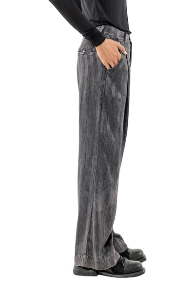 Shop Emerging Slow Fashion Genderless Alternative Avant-garde Designer Mark Baigent Last Day of our Acquaintance Collection Fair Trade Grey Washed Viscose Pinstripe Relaxed Fit Hallar Pants at Erebus