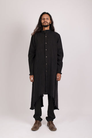 Shop emerging dark alternative conscious fashion genderless brand Anoir by Amal Kiran Jana Black Organic Cotton Denim Heimdall Shirt Jacket at Erebus