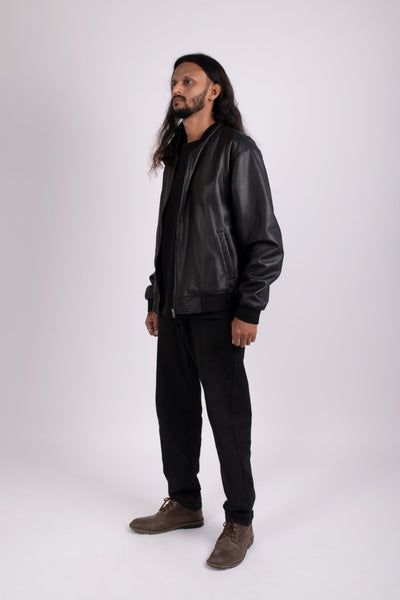 Shop emerging dark alternative conscious fashion genderless brand Anoir by Amal Kiran Jana Black Hoenir Leather Bomber Jacket at Erebus