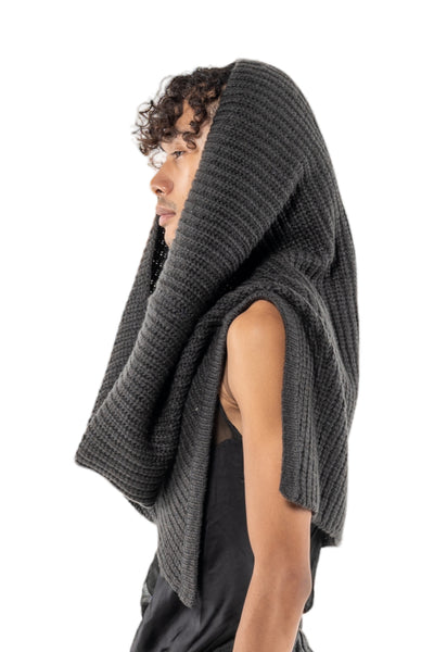 Shop Emerging Slow Fashion Genderless Alternative Avant-garde Designer Mark Baigent Last Day of our Acquaintance Collection Fair Trade Grey Acrylic Knitted Hood at Erebus