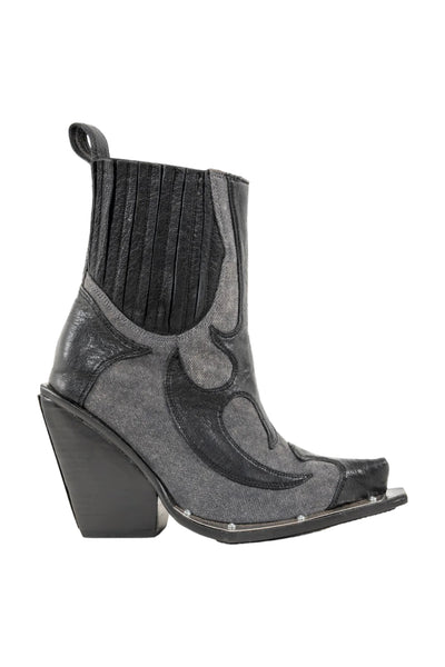 Shop Emerging Slow Fashion Genderless Alternative Avant-garde Designer Mark Baigent Last Day of our Acquaintance Collection Fair Trade Black Leather and Grey Cotton Canvas Wolf Boots at Erebus