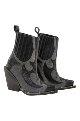 Shop Emerging Slow Fashion Genderless Alternative Avant-garde Designer Mark Baigent Last Day of our Acquaintance Collection Fair Trade Black Leather and Grey Cotton Canvas Wolf Boots at Erebus