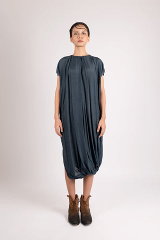 Shop emerging dark alternative conscious fashion genderless brand Anoir by Amal Kiran Jana Steel Green Viscose Nix Draped Dress at Erebus