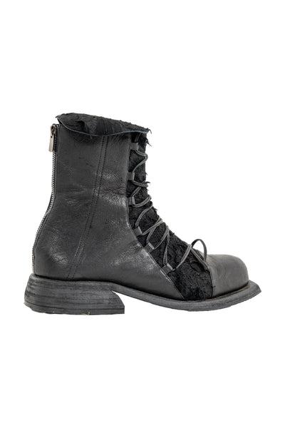 Shop Emerging Slow Fashion Genderless Alternative Avant-garde Designer Mark Baigent Last Day of our Acquaintance Collection Fair Trade Black Cotton Canvas and Reclaimed Leather Square Soled Oscar Boots at Erebus