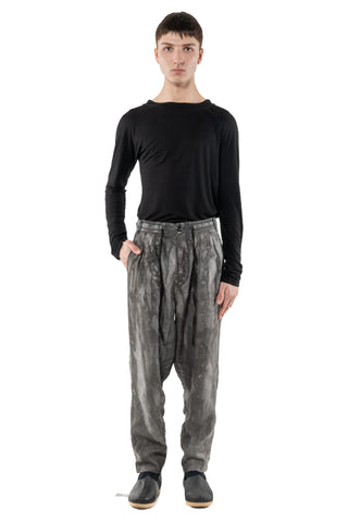 Shop Emerging Slow Fashion Genderless Alternative Avant-garde Designer Mark Baigent Last Day of our Acquaintance Collection Fair Trade Grey Water Stained Dye Rong Magnesium Pants at Erebus