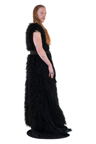 Shop Emerging Slow Fashion Genderless Alternative Avant-garde Designer Mark Baigent Annex Collection Fair Trade Black Faux Fur Sleeveless Slit Belted Maxi Coat at Erebus
