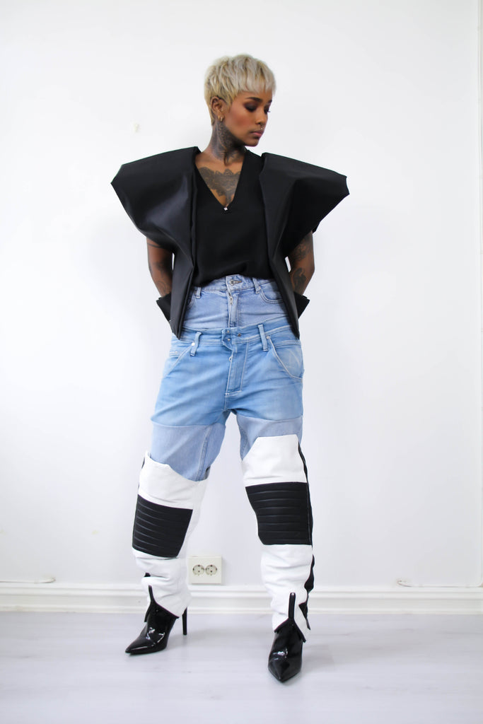 Shop Emerging Contemporary Womenswear brand Too Damn Expensive Up-cycled Double Belted High-Waist Jeans at Erebus