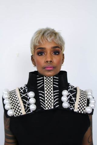 Shop Emerging Contemporary Womenswear brand Too Damn Expensive Partially Up-cycled Handmade Embroidered Pearl Collar at Erebus