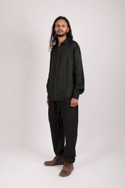 Shop emerging dark alternative conscious fashion genderless brand Anoir by Amal Kiran Jana Black Viscose Tyr Shirt at Erebus