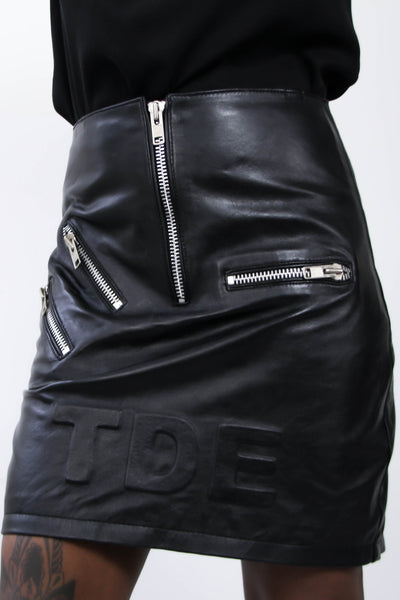 Shop Emerging Contemporary Womenswear brand Too Damn Expensive Black Sheepskin Leather High-Waist Skirt with TDE Logo at Erebus