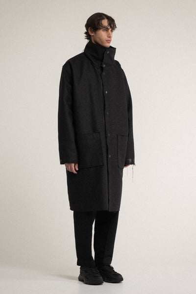 Shop Conscious Contemporary Brand Zsigmond Core Collection Black and Dark Grey Reversible Wool Coat at Erebus