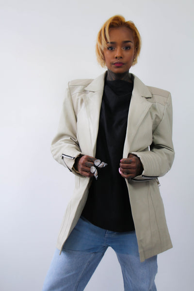 Shop Emerging Contemporary Urban Conscious Womenswear Brand Too Damn Expensive Beige Sheepskin Long Leather Jacket at Erebus