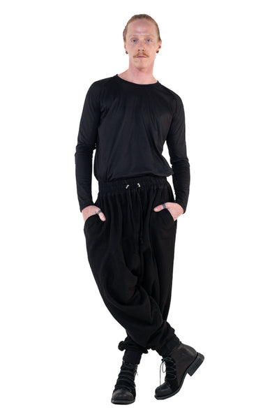 Shop Emerging Slow Fashion Genderless Alternative Avant-garde Designer Mark Baigent Annex Collection Fair Trade Black Cotton Terry Aal Low Crotch Jogging Pants at Erebus