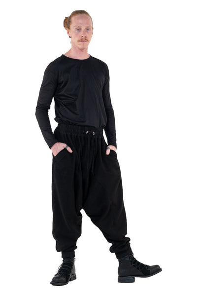 Shop Emerging Slow Fashion Genderless Alternative Avant-garde Designer Mark Baigent Annex Collection Fair Trade Black Cotton Terry Aal Low Crotch Jogging Pants at Erebus