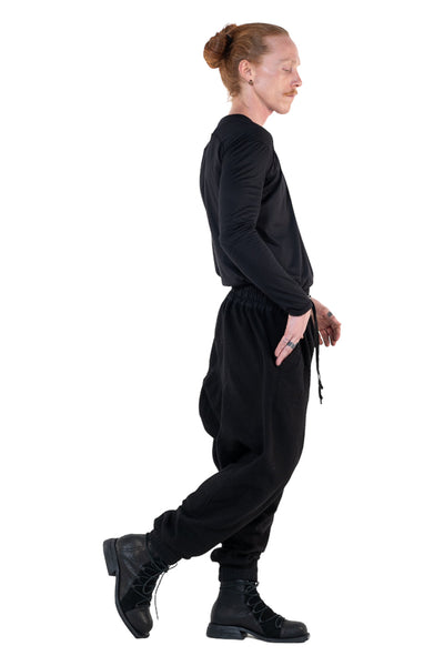 Shop Emerging Slow Fashion Genderless Alternative Avant-garde Designer Mark Baigent Annex Collection Fair Trade Black Cotton Terry Aal Low Crotch Jogging Pants at Erebus